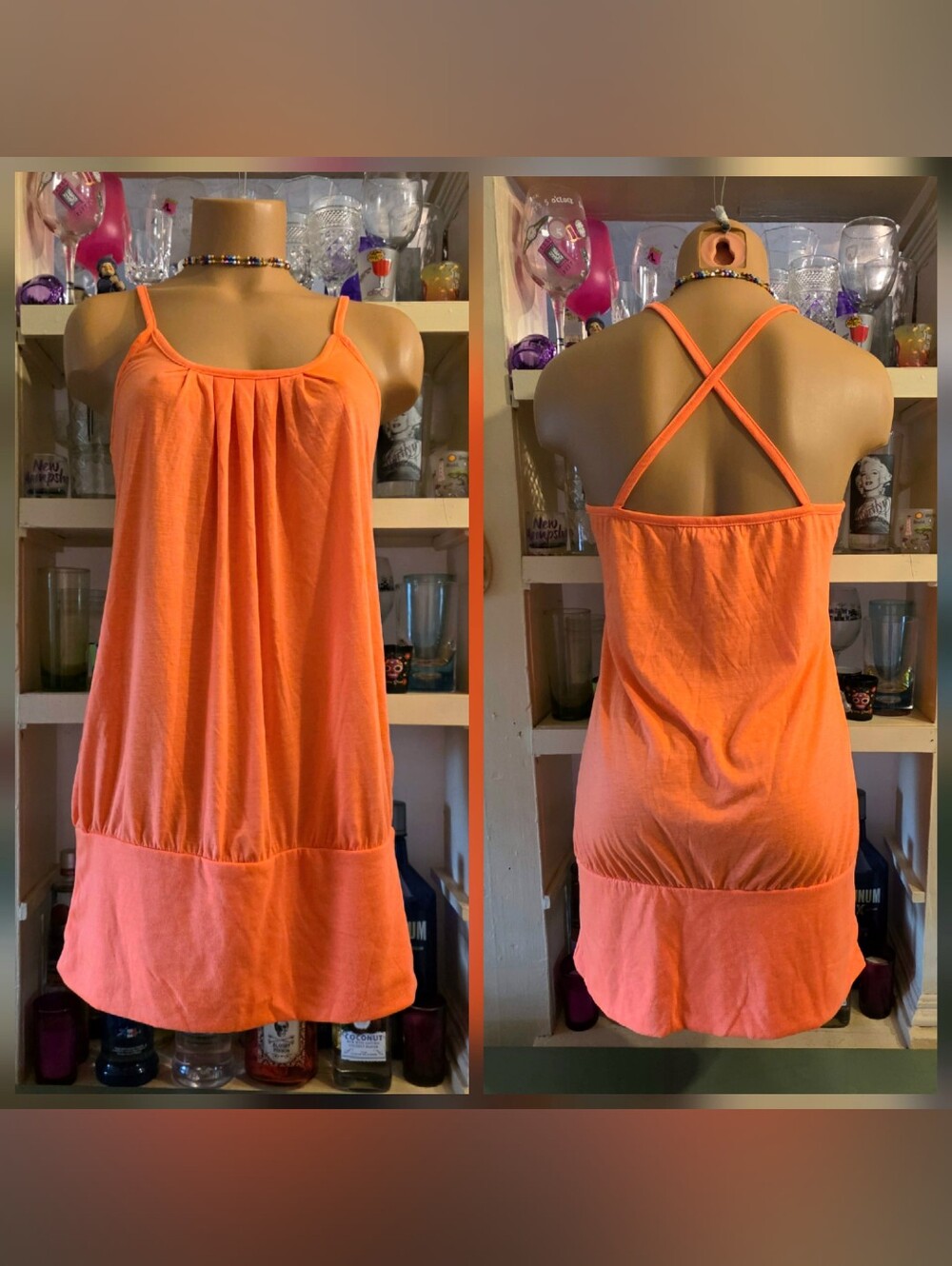 Charlotte Russe Vintage Y2K Banded Blouson Tunic Cami L Neon Orange Strappy EUC